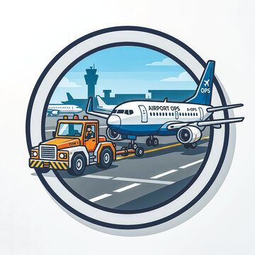Cartoon vector of an airport scene. A pushback tug is towing a passenger airliner on the runway with the control tower in the background. Vector illustration