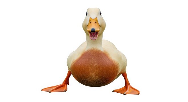 Domestic white duck with orange beak, funny waterfowl character looking forward, expressive farm bird with open mouth and webbed feet isolated PNG with Transparent Background