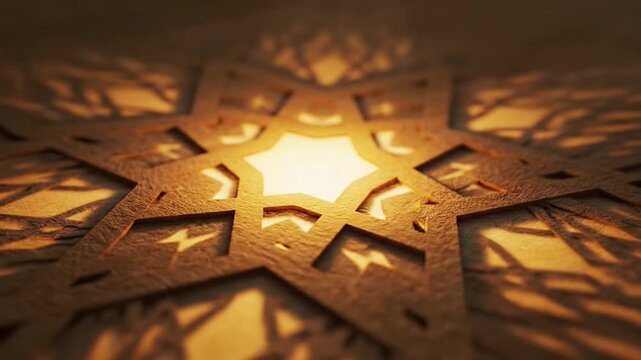 Golden light patterns from Arabic lantern on textured ground