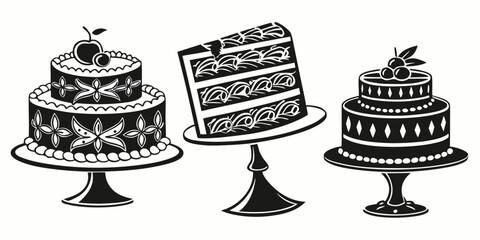 Three elegantly decorated cakes on stands with intricate designs and decorations Vector © rabbi