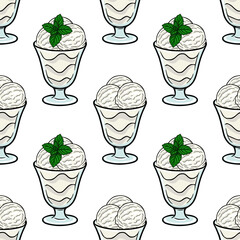 Creamy vanilla ice cream scoops in elegant glass bowls with fresh mint leaf accents, seamless vector pattern background © Khrystyna Turchyn