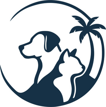 Stylized illustration of a blue dog and cat and a coconut tree