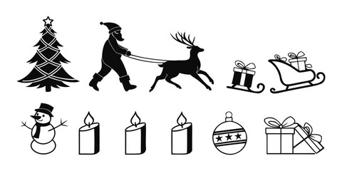 A festive scene featuring a person pulling a sleigh with a reindeer and various holiday items. Vector © rabbi
