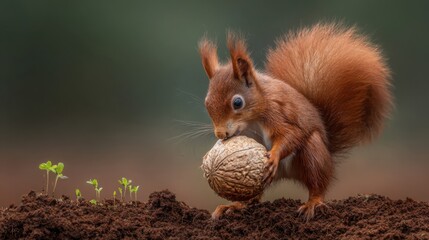 Obraz premium Red squirrel carefully burying a large nut in freshly turned soil, preparing for winter