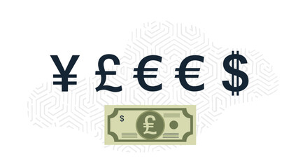 Collection of global currency symbols including Yen, Pound, and Euro next to a green pound sterling banknote on a textured background.