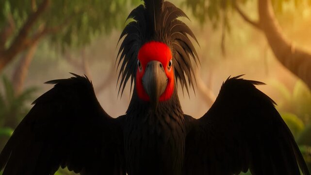 Dramatic palm cockatoo close up animation in lush jungle environment animated bird with unique red facial patch and dark plumage