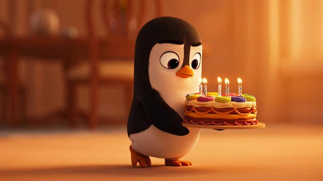 Cute penguin cartoon animation character holding colorful birthday cake with lit candles indoors warm lighting celebration