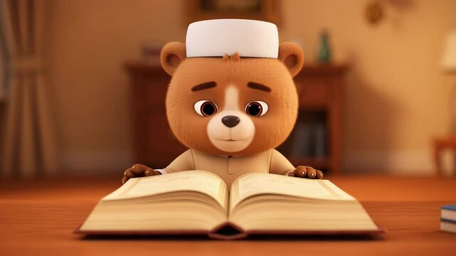 Charming animated teddy bear diligently reads a book focusing on education and growth with soft lighting and warm background