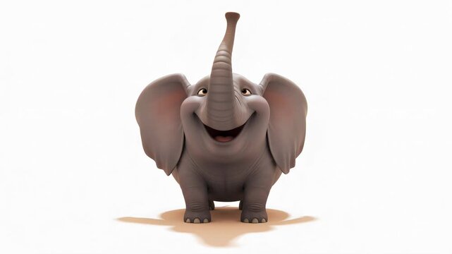 Cheerful cartoon elephant standing on white background with trunk up animation ready character for kids content