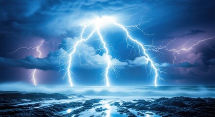 Electric stormy weather with lightning bolts over ocean waves