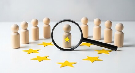 Magnifying glass focuses on a single wooden figure among many with a european star