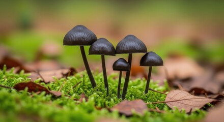 Cluster of small dark mushrooms growing on mossy ground with fallen leaves