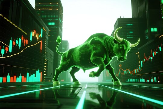 Green bull in futuristic city