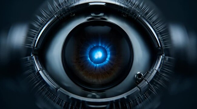 Robotic Eye Close Up with Glowing Blue Pupil and Chrome Metallic Frame