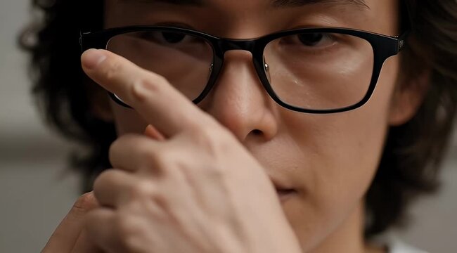 Close up of a person wearing glasses and cleaning their lenses, focused expression