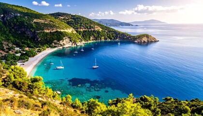 Obraz premium Turquoise bay with lush green hills, white sand beach, and sailboats, bathed in warm sunlight