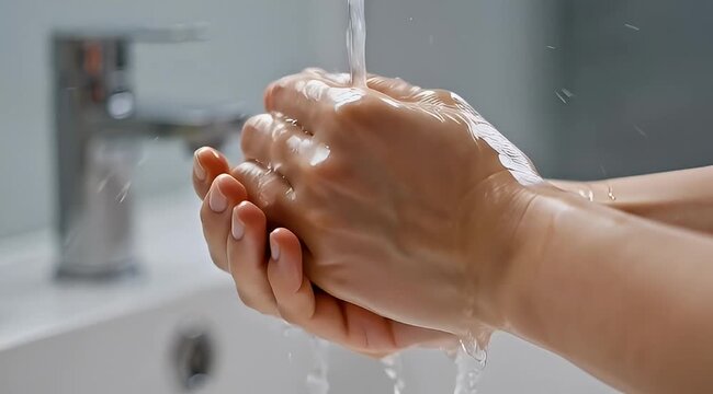 Close up of a person washing their hands under running tap water
