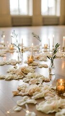 Obraz premium Romantic setting with scattered petals, lit candles and fresh greenery