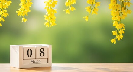 A wooden calendar block on a table with yellow flowers