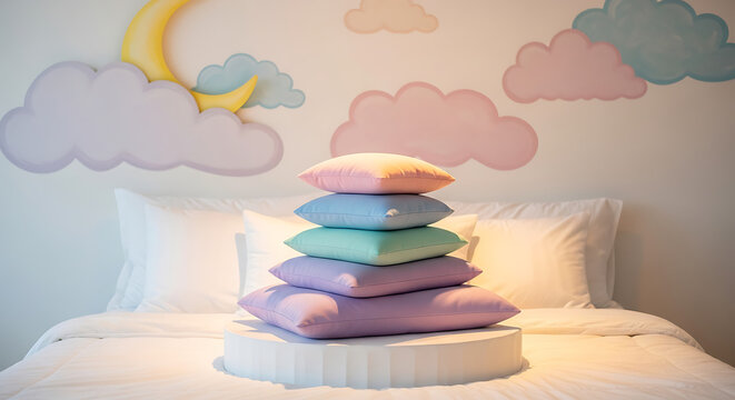 Colorful pillows stacked on a bed