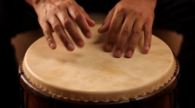 Close up of hands playing a conga drum with a smooth, rhythmic beat