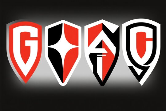 Four shield logos with geometric designs