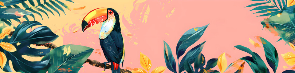 Fototapeta premium Vibrant toucan illustration perched on a branch. Exotic tropical bird with colorful jungle leaves and summer theme