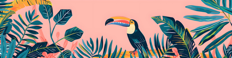 Fototapeta premium Tropical toucan bird perched on a branch amidst lush jungle foliage. Horizontal summer banner illustration on pink background. Banner with copy space for text