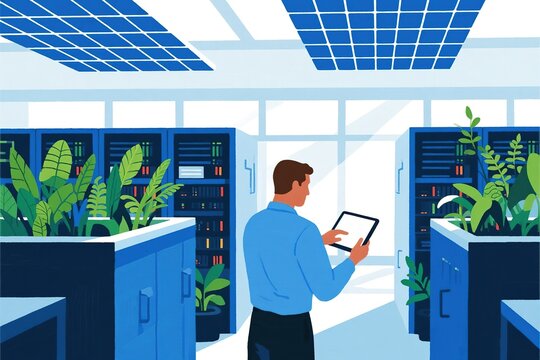 Man in server room with plants and solar panels