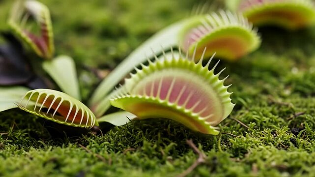 Close-up of several Venus flytraps amidst dense green moss, light and vibrant colors