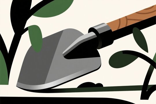 Garden trowel with plant leaves