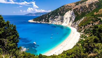 Naklejka premium Turquoise bay with white beach and mountain backdrop, framed by lush green trees under a sunny sky