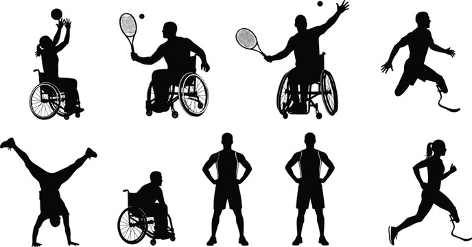 Para-athletes and adaptive sports silhouette vector illustration set, diverse disabled people playing tennis in wheelchairs and running with prosthetic legs on white background.