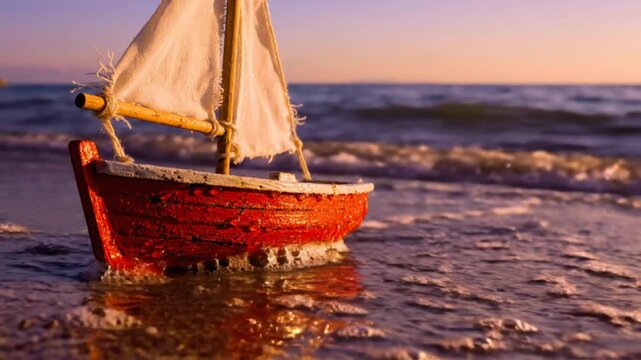Small red toy sailboat stranded on golden sandy beach with lapping waves at sunset