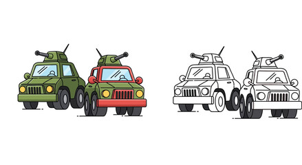 Cartoon military vehicles with gun turrets. Set of colorful and black and white line art versions for coloring book vector illustration. © SHOHAG