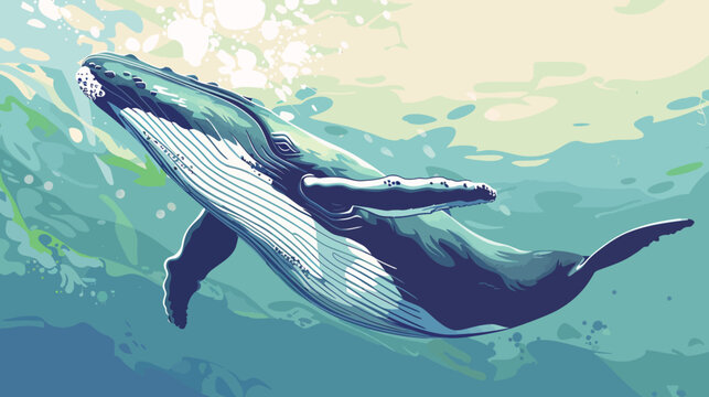 A pixelated humpback whale swims through turquoise water with dappled sunlight above it