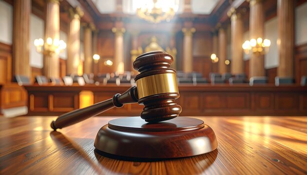 A wooden gavel rests on a sound block in a courtroom
