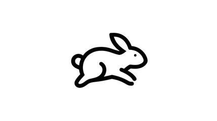 Fototapeta premium Minimalist black outline icon of a cute hopping rabbit on a clean white background, simple animal illustration for design.