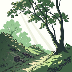 Fototapeta premium A serene landscape with a large tree standing tall on a grassy hillside Vector