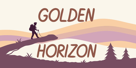 A lone hiker stands at the edge of a cliff, overlooking a vast horizon under a golden sunset. Vector © RABBY MIA
