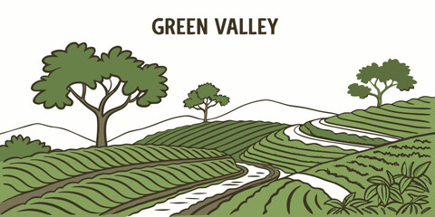 A serene landscape of green valley with trees and a winding path Vector © RABBY MIA