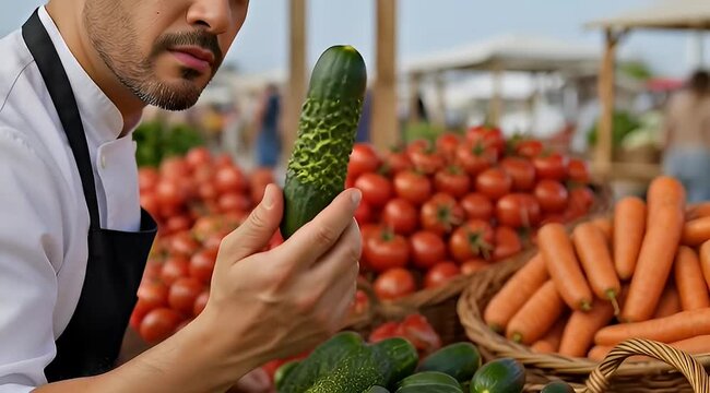 A bearded chef inspecting a cucumber at a vibrant outdoor farmers market