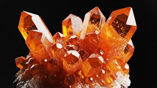 Mesmerizing close up view of radiant citrine quartz crystals clustered in a striking geological formation against a dark backdrop