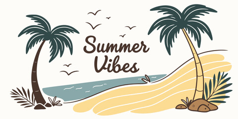 Obraz premium Vibrant summer vibes with palm trees and a sailboat on the horizon Vector