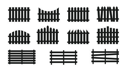 Fence icon vector set. Garden barrier symbols. Picket fence silhouettes. Black fence collection.
