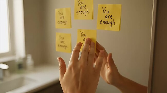 Hands placing yellow sticky notes with the words You are Enough on a mirror