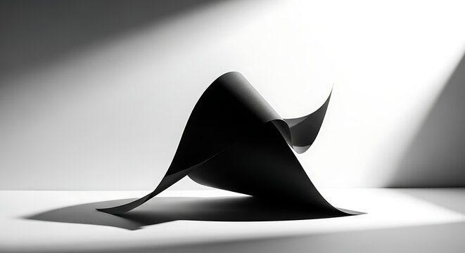 A mysterious black hat with a wide brim and a pointed top sits alone on a white surface