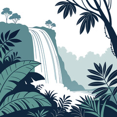 A serene tropical waterfall cascading into a lush green jungle pool surrounded by vibrant plants. Vector © RABBY MIA