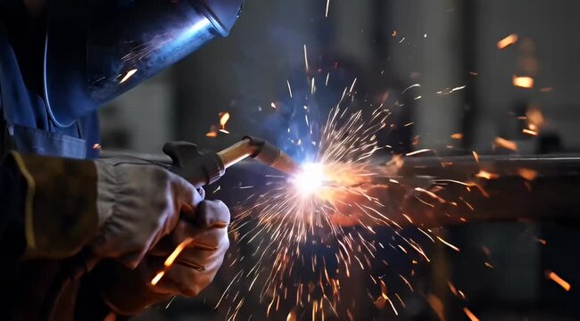 Professional welder in action welding metal with sparks and protective gear