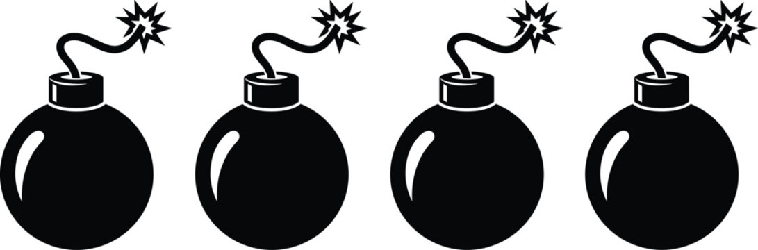 Cartoon bomb icons with lit fuse wick and spark representing explosion danger threat warfare gaming weapons and deadline pressure concepts in black solid silhouette style isolated on white background